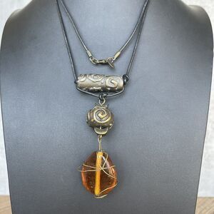 Chicos Boho Modernist Bronze Amber Color Glass Beaded Pendant Necklace 30”